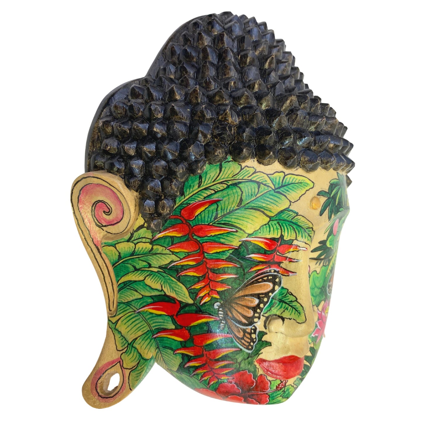 Rainforest Mystic Tattoo Buddha Mask Wall art Sculpture Balinese miniature style painting Ubud village art art hand painted wood carving