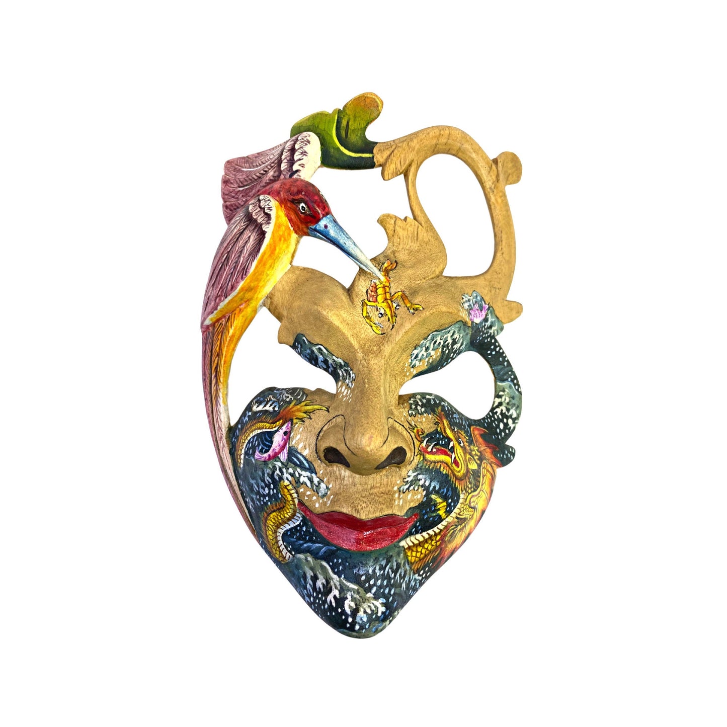 Balinese Mask Dragon Phoenix Bird Goddess Dream Mask Abstract Mask Hand Painted Carved Wood Carving Bali Wall Decor Art