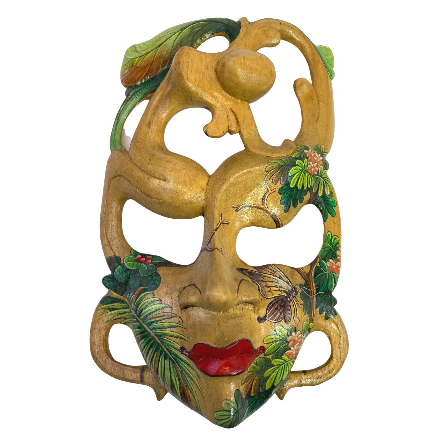 Balinese Mask Dancing Forest Faerie Goddess Abstract Mask Hand Painted Butterfly Hand Carved Wood Carving Bali Wall Decor Art