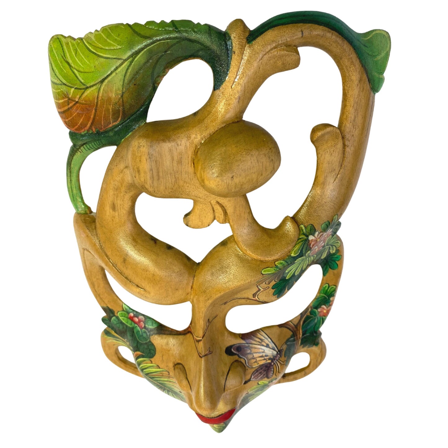 Balinese Mask Dancing Forest Faerie Goddess Abstract Mask Hand Painted Butterfly Hand Carved Wood Carving Bali Wall Decor Art