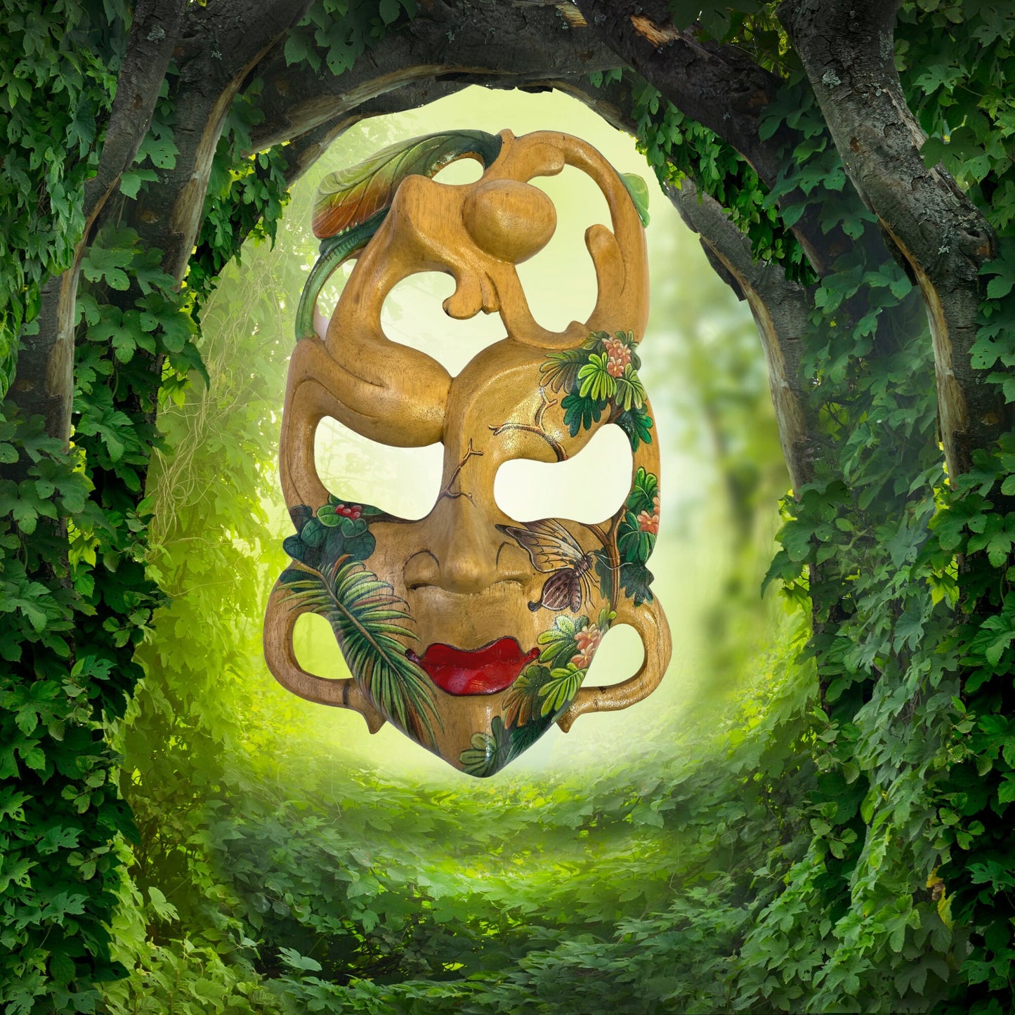 Balinese Mask Dancing Forest Faerie Goddess Abstract Mask Hand Painted Butterfly Hand Carved Wood Carving Bali Wall Decor Art