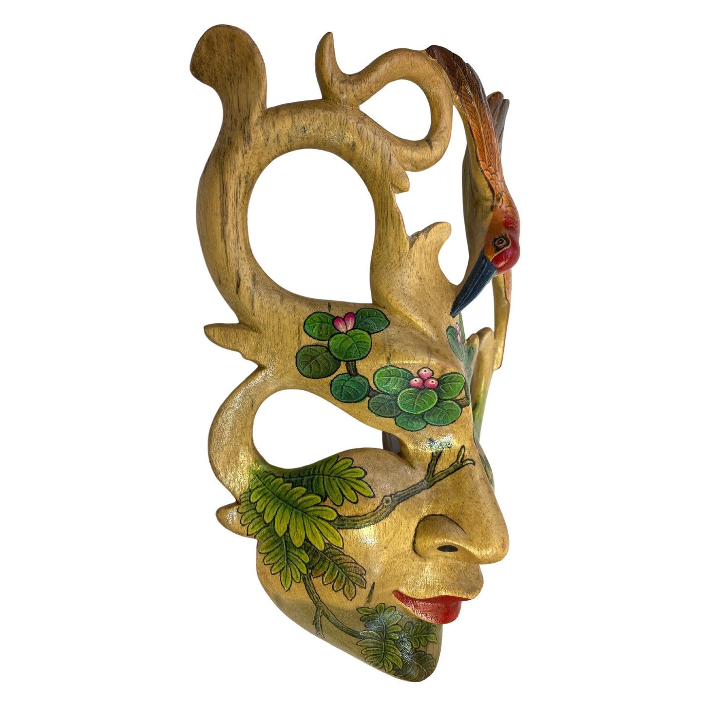 Hand Carved Balinese Art Goddess Mask: Bali Wood Carving, Forest Nymph with Red Bird