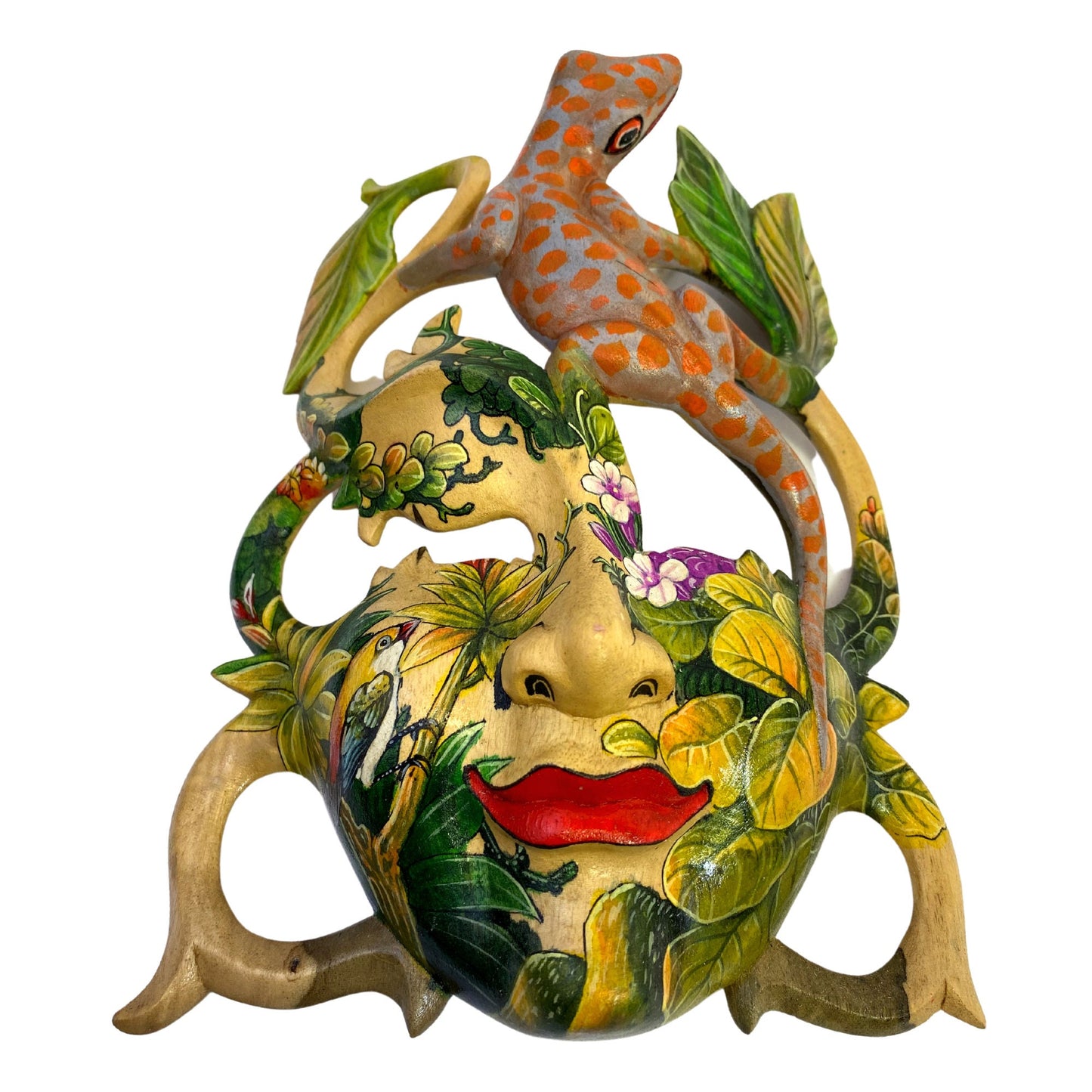 Balinese Gecko Goddess Dream Mask Abstract Mask Hand Painted Carved Wood Carving Bali Wall Decor Art