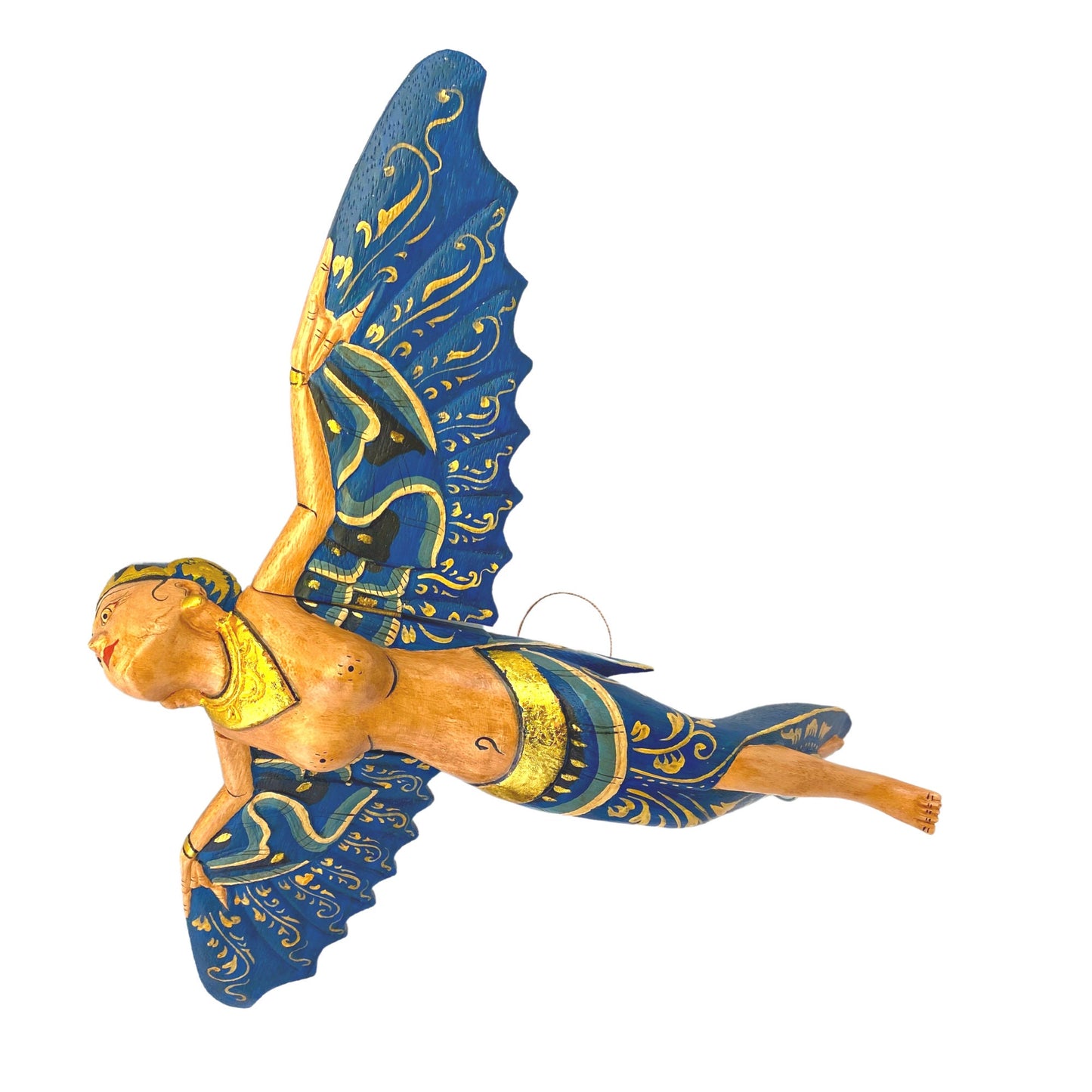Flying Dewi Sri Fertility Goddess Mobile Crib Guardian Spiritchaser Hand Carved Wood Balinese Folk Art wood carving Indonesian art Teal - Acadia World Traders