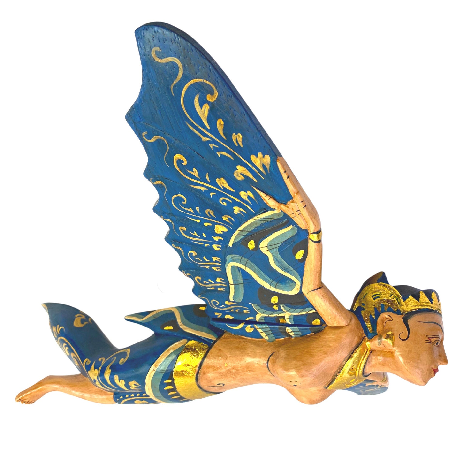Flying Dewi Sri Fertility Goddess Mobile Crib Guardian Spiritchaser Hand Carved Wood Balinese Folk Art wood carving  Indonesian art Teal - Acadia World Traders