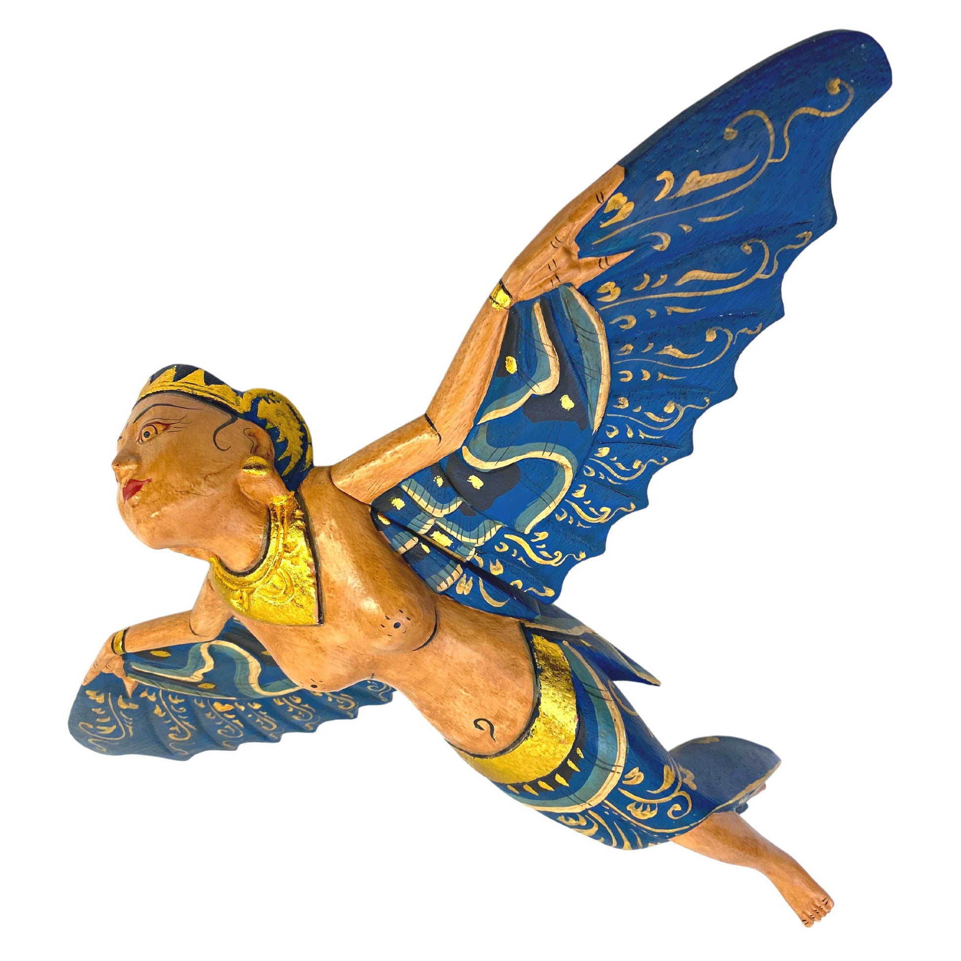 Flying Dewi Sri Fertility Goddess Mobile Crib Guardian Spiritchaser Hand Carved Wood Balinese Folk Art wood carving  Indonesian art Teal - Acadia World Traders