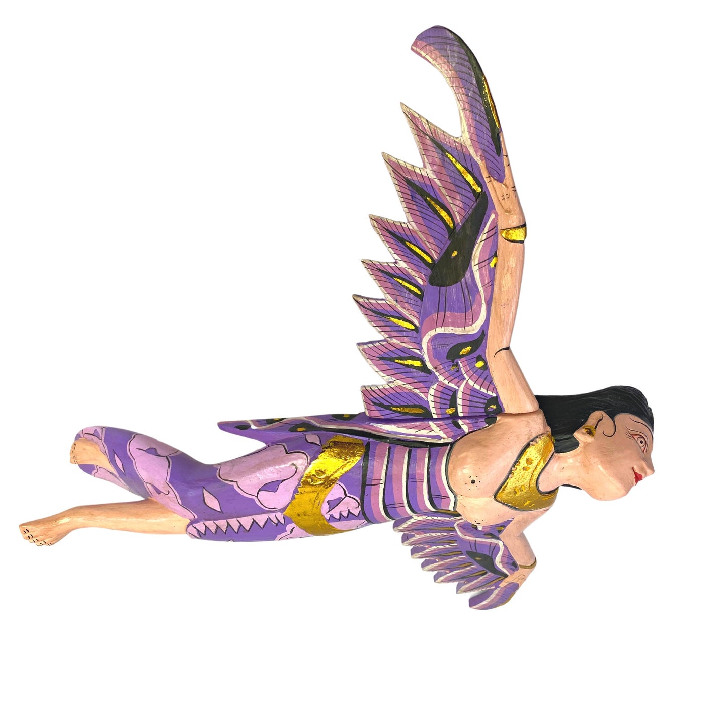 Winged Dewi Sri Fertility Goddess Hanging Mobile Crib Angel Spirit chaser Protection Hand Carved Wood Balinese Folk Art wood carving Purple - Acadia World Traders