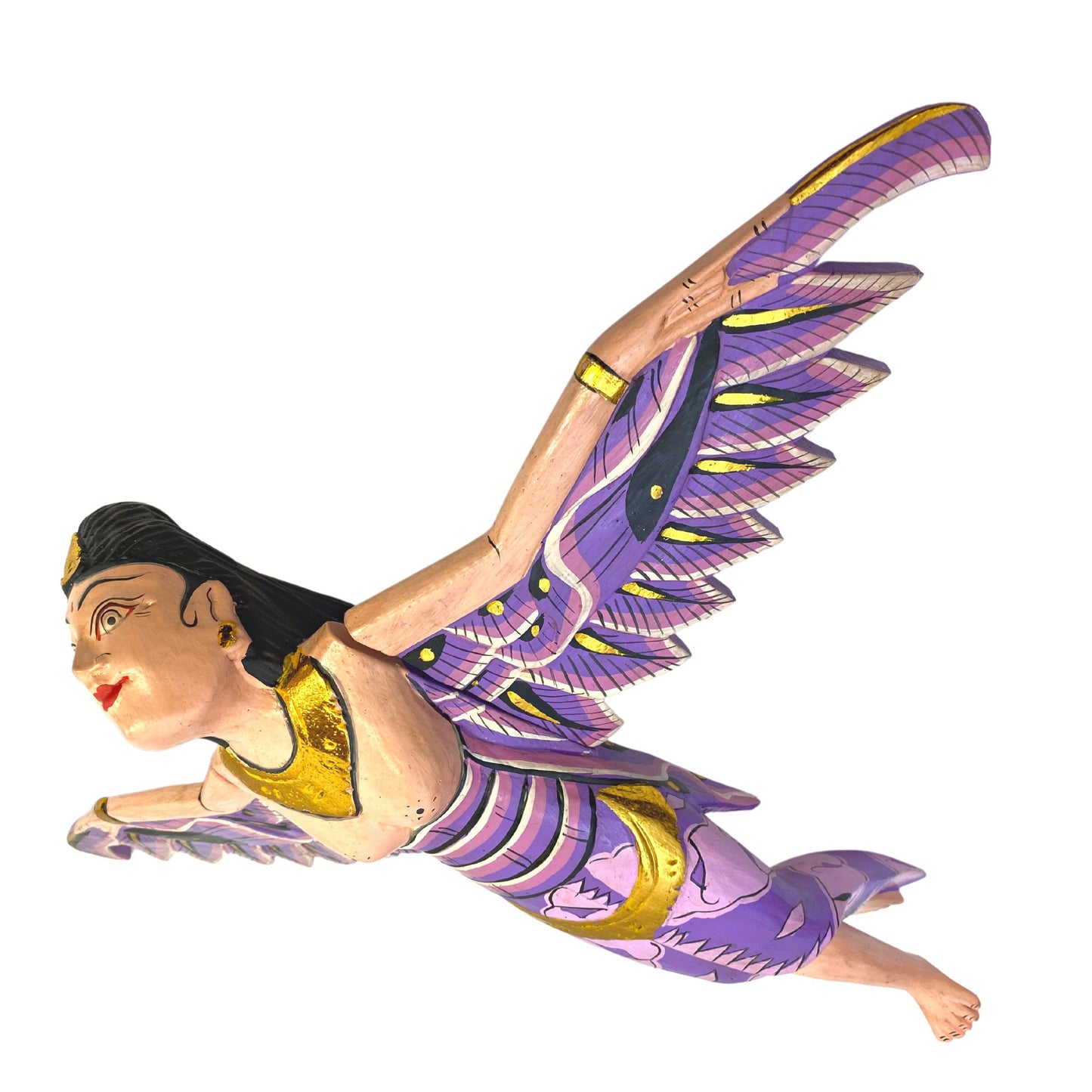 Winged Dewi Sri Fertility Goddess Hanging Mobile Crib Angel Spirit chaser Protection Hand Carved Wood Balinese Folk Art wood carving Purple - Acadia World Traders