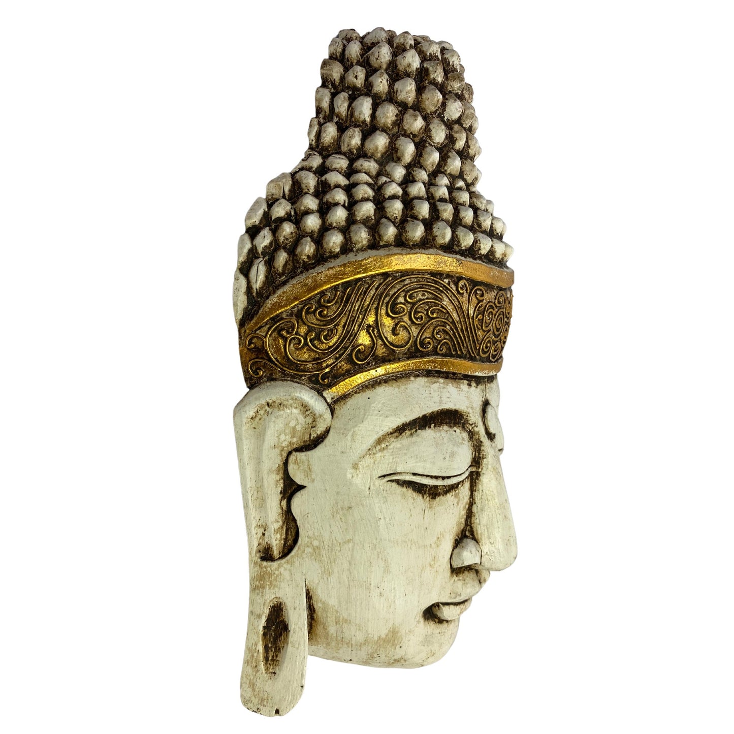 Buddha Wooden Mask Antique White Hand Carved Wood Carving Balinese Folk Art Handmade Eclectic Boho Asian Decor