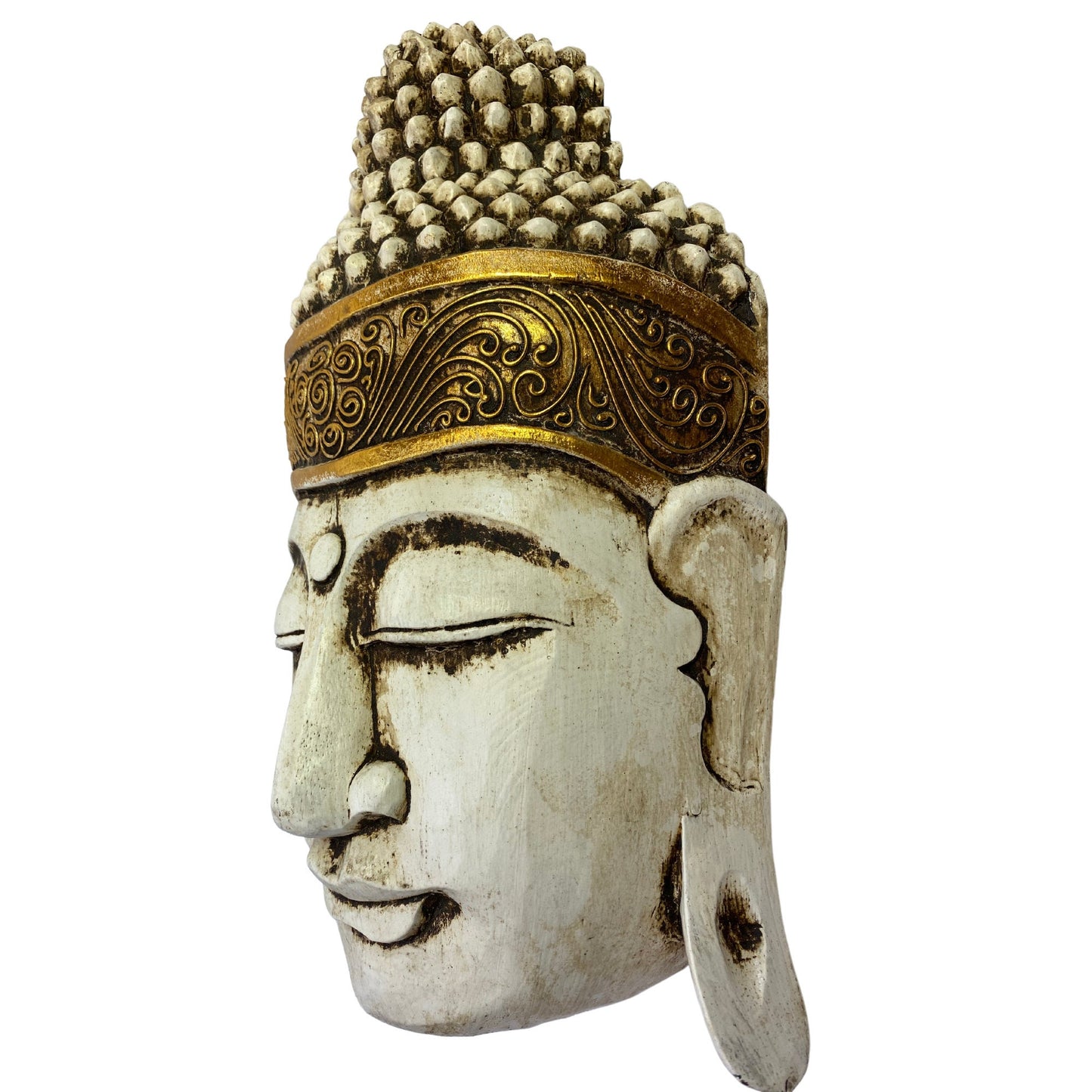 Buddha Wooden Mask Antique White Hand Carved Wood Carving Balinese Folk Art Handmade Eclectic Boho Asian Decor