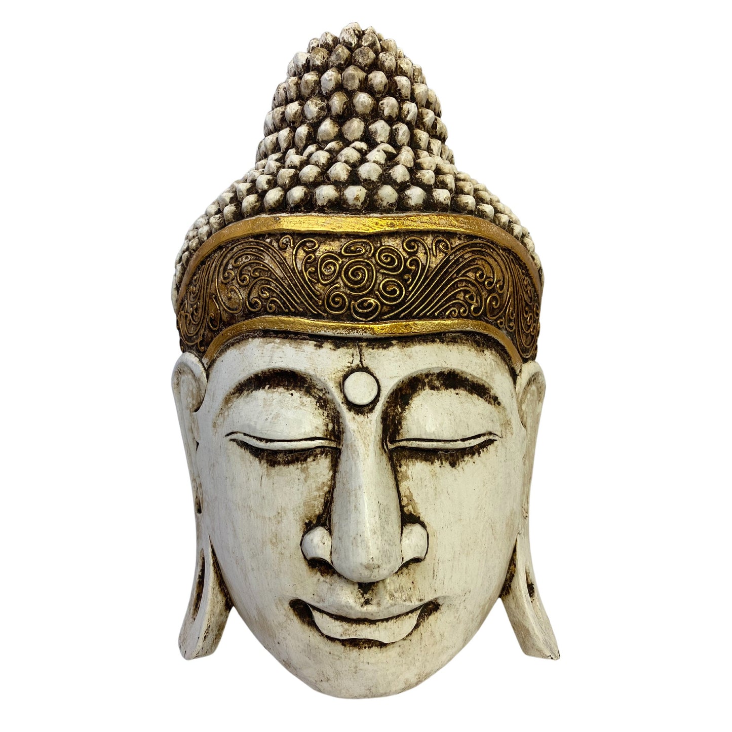 Buddha Wooden Mask Antique White Hand Carved Wood Carving Balinese Folk Art Handmade Eclectic Boho Asian Decor