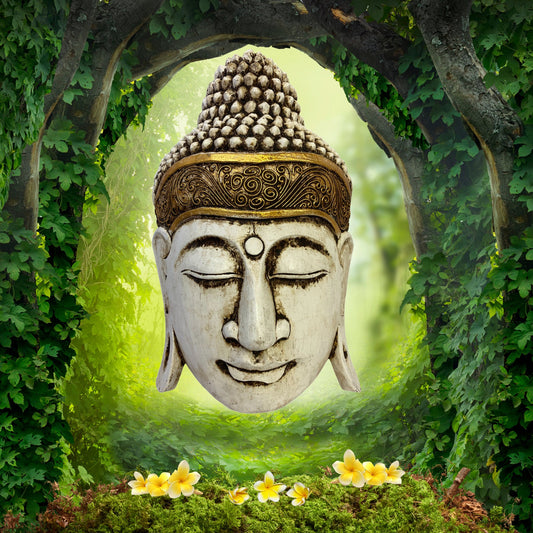 Buddha Wooden Mask Antique White Hand Carved Wood Carving Balinese  Folk Art Handmade Eclectic Boho Asian Decor