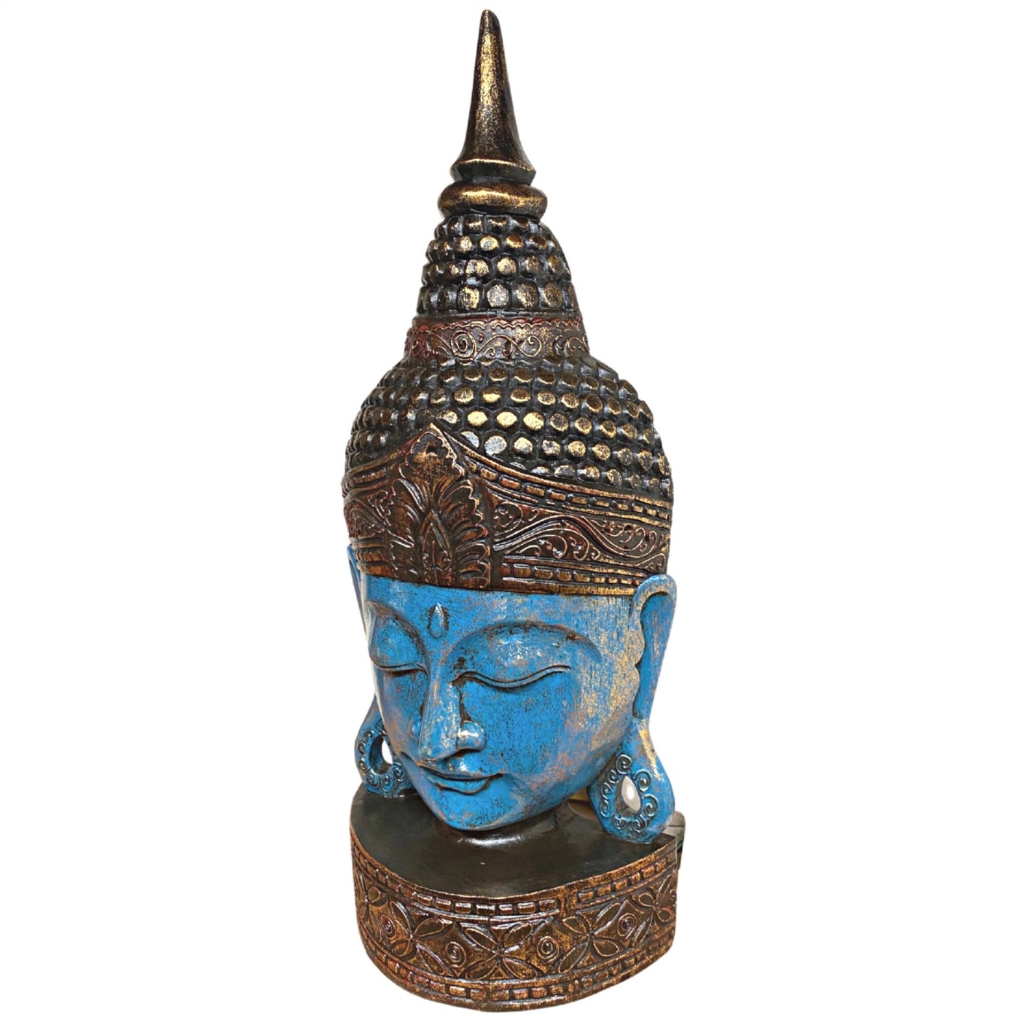 Balinese Enlightened Buddha Wooden Mask Wall freestanding Mask Sculpture Hand Carved Wood Carving Balinese Folk art Blue Boho Decor 24"