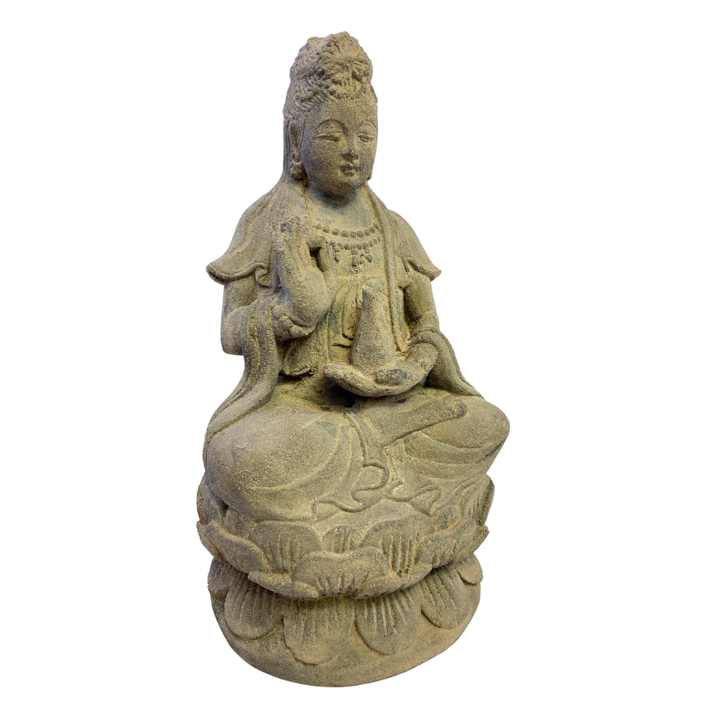 Seated Kwan Yin Guanyin Garden Statue Bodhisattva of Compassion Buddha Goddess Cast Handmade Lava stone Eclectic Asian Decor sculpture - Acadia World Traders