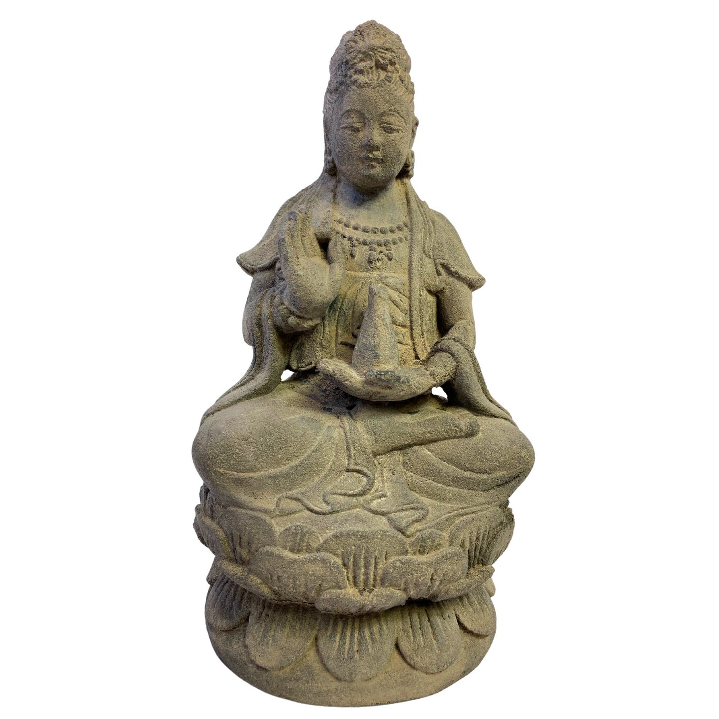 Seated Kwan Yin Guanyin Garden Statue Bodhisattva of Compassion Buddha Goddess Cast Handmade Lava stone Eclectic Asian Decor sculpture - Acadia World Traders