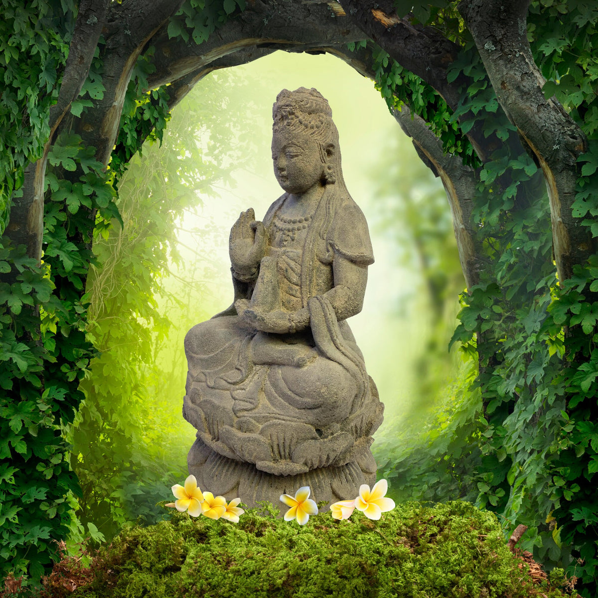 Seated Kwan Yin Guanyin Garden Statue Bodhisattva of Compassion Buddha Goddess Cast Handmade Lava stone Eclectic Asian Decor sculpture