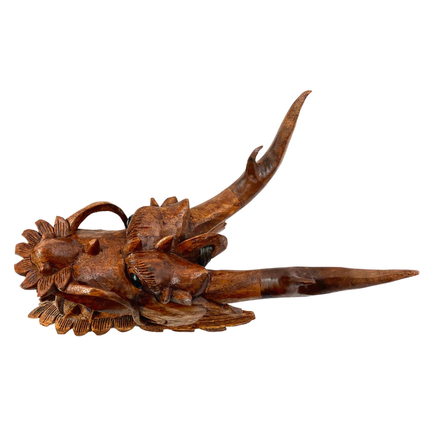 Hand Carved Horned Dragon Mask: Balinese Wood Carving, Wall Art Sculpture