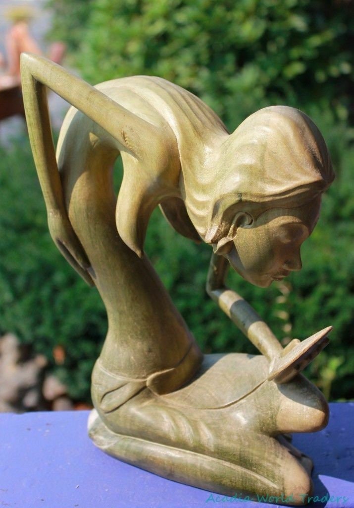 Vintage Balinese Dewi Ratih Lunar Moon Goddess Abstract Elongated Statue Sculpture hand carved wood carving Bali Folk Art Indonesian
