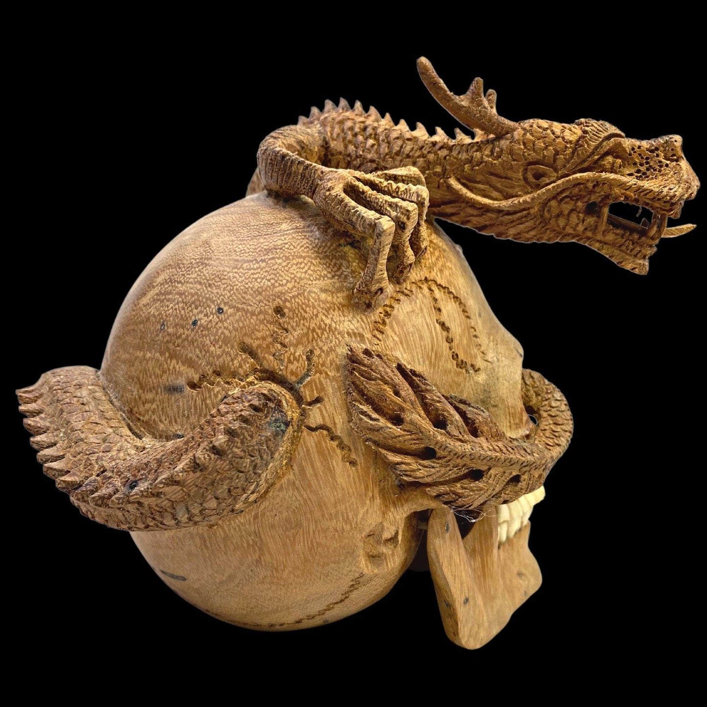 Balinese Skull Sculpture Dragon Naga Hand CARVED Art Bali Wood Carving Art Eclectic Gothic Oddity Home Decor