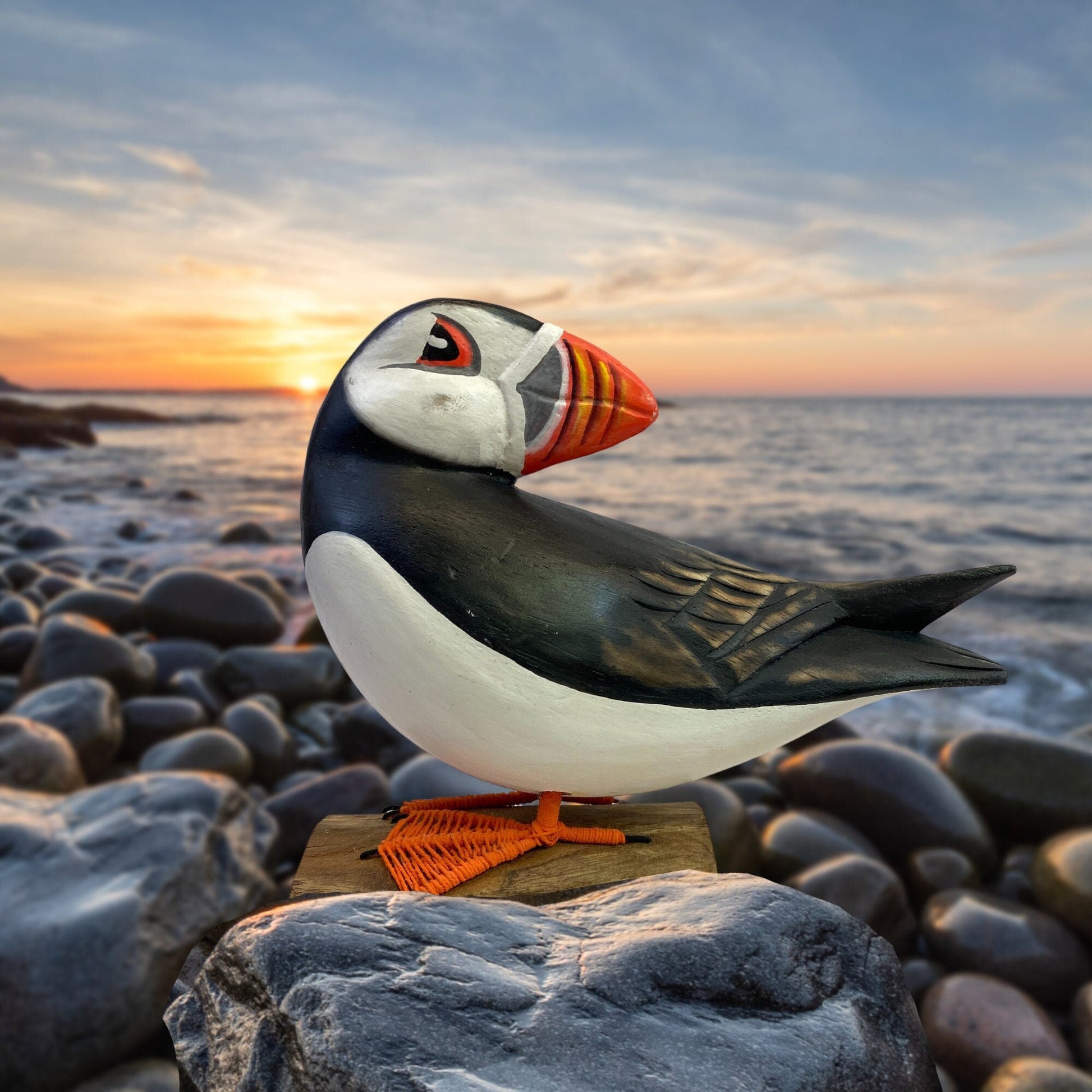 Atlantic Puffin Bird Sculpture Hand carved & Painted Bird Wood Statue Sea bird wildlife carving Clown of the sea shore bird - Acadia World Traders