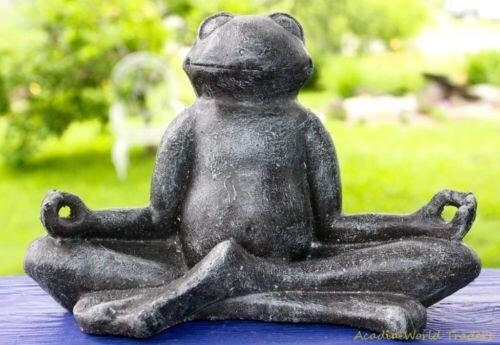Meditating Buddha Yoga Frog Toad Statue Handmade Eclectic Boho Garden Decor cast lava stone Sculpture Bali art - Acadia World Traders