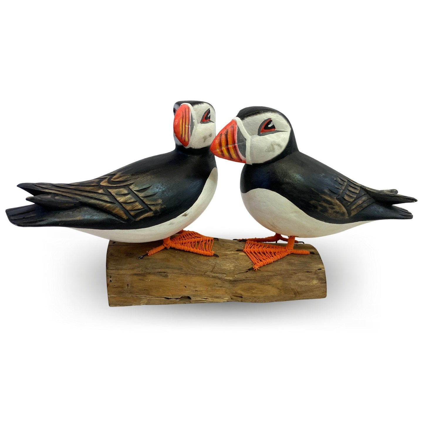Twin Atlantic Puffin Birds Sculpture Hand carved & Painted Bird Wood Statue Sea bird wildlife carving Clown of the sea shore bird - Acadia World Traders