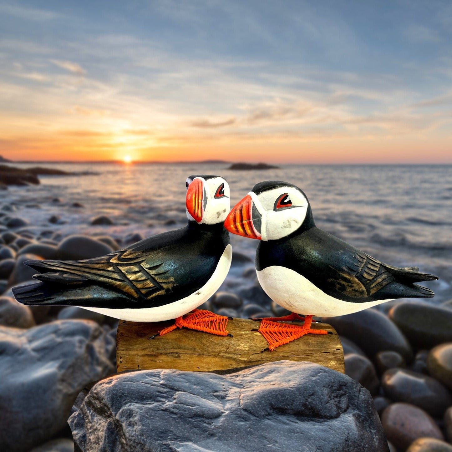 Twin Atlantic Puffin Birds Sculpture Hand carved & Painted Bird Wood Statue Sea bird wildlife carving Clown of the sea shore bird - Acadia World Traders