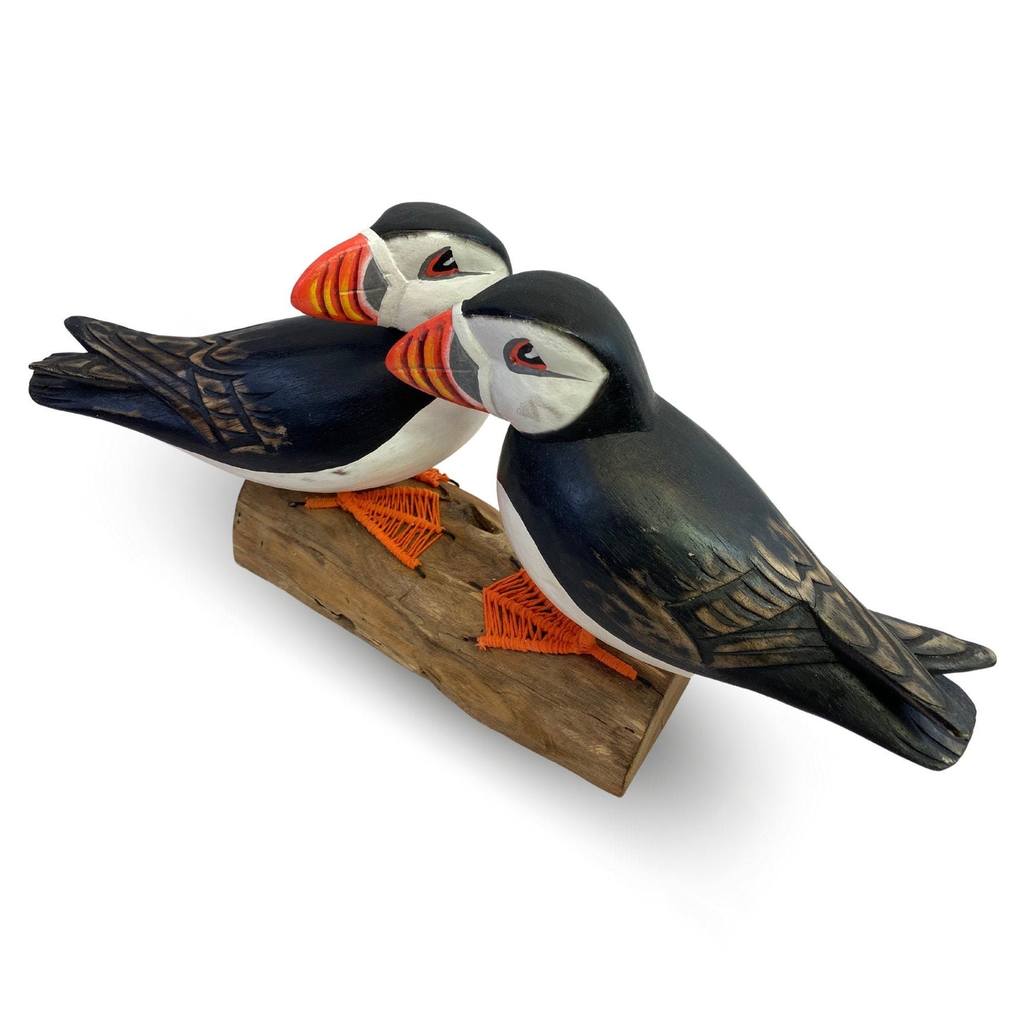 Twin Atlantic Puffin Birds Sculpture Hand carved & Painted Bird Wood Statue Sea bird wildlife carving Clown of the sea shore bird - Acadia World Traders