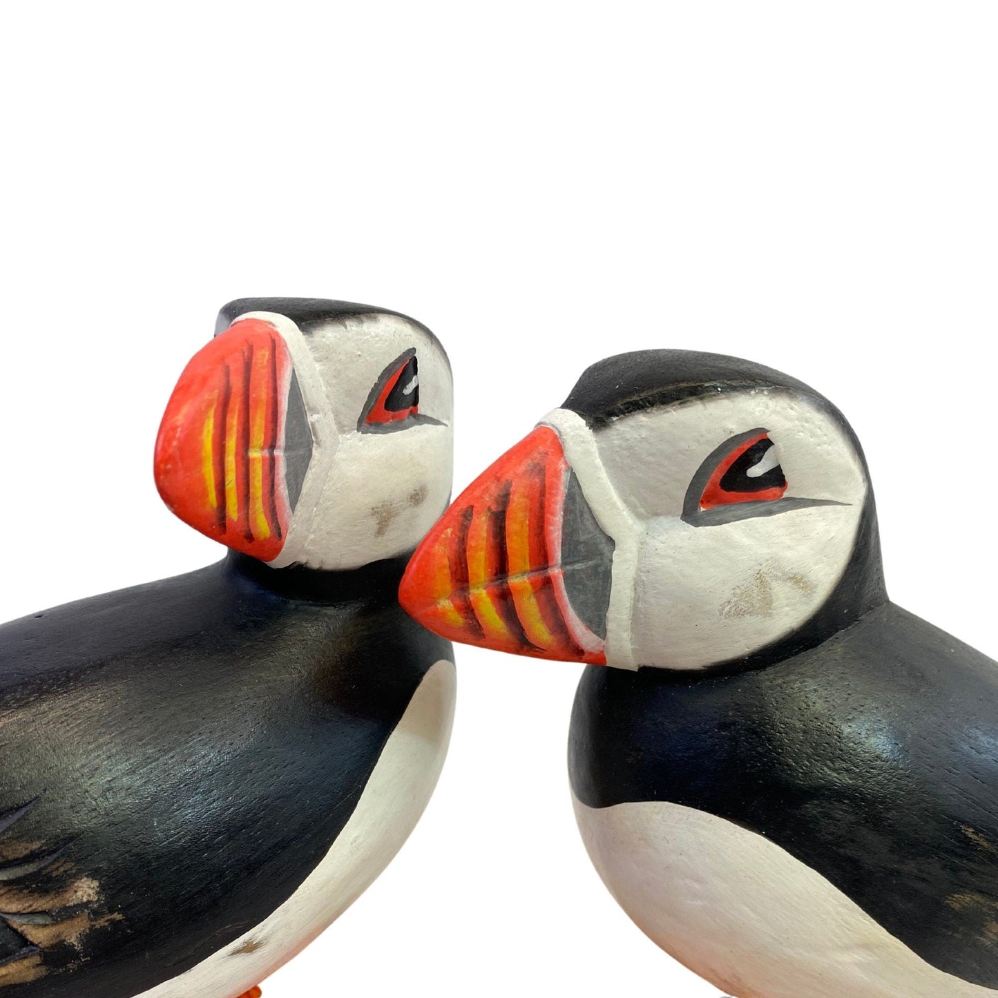 Twin Atlantic Puffin Birds Sculpture Hand carved & Painted Bird Wood Statue Sea bird wildlife carving Clown of the sea shore bird - Acadia World Traders
