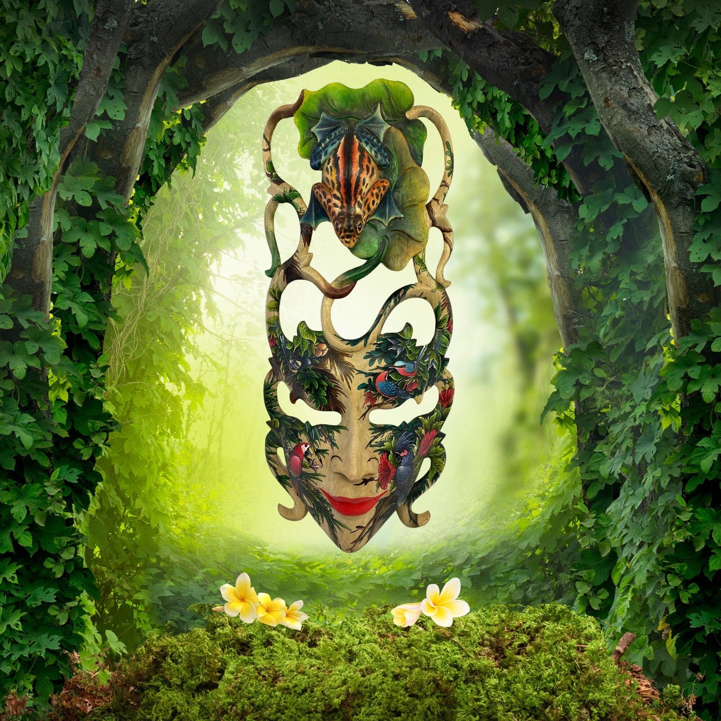 Balinese Mask Frog Toad Rainforest Goddess Dream Mask Wood Carving Indonesian Hand Carved Painted Wall Decor Art