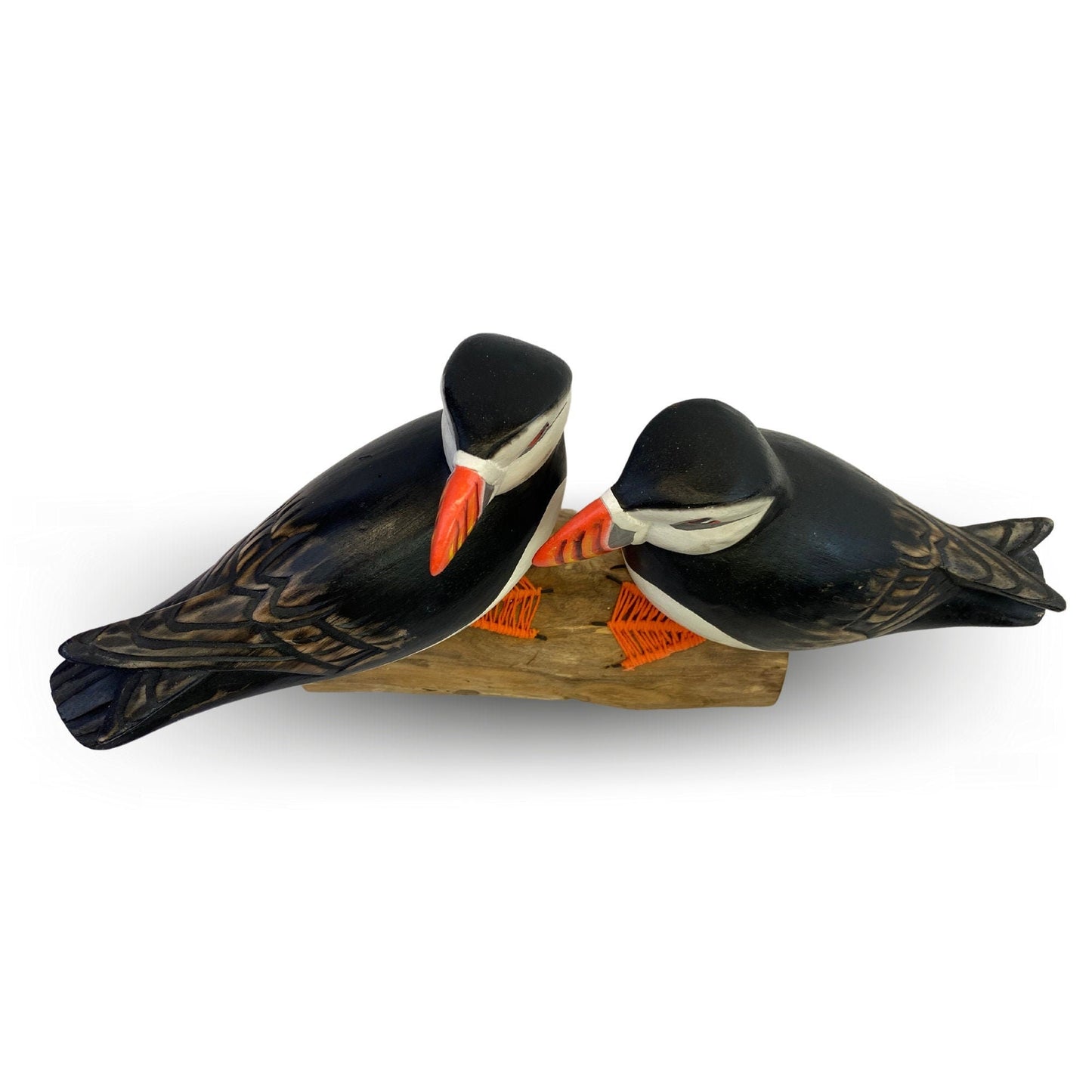 Twin Atlantic Puffin Birds Sculpture Hand carved & Painted Bird Wood Statue Sea bird wildlife carving Clown of the sea shore bird - Acadia World Traders