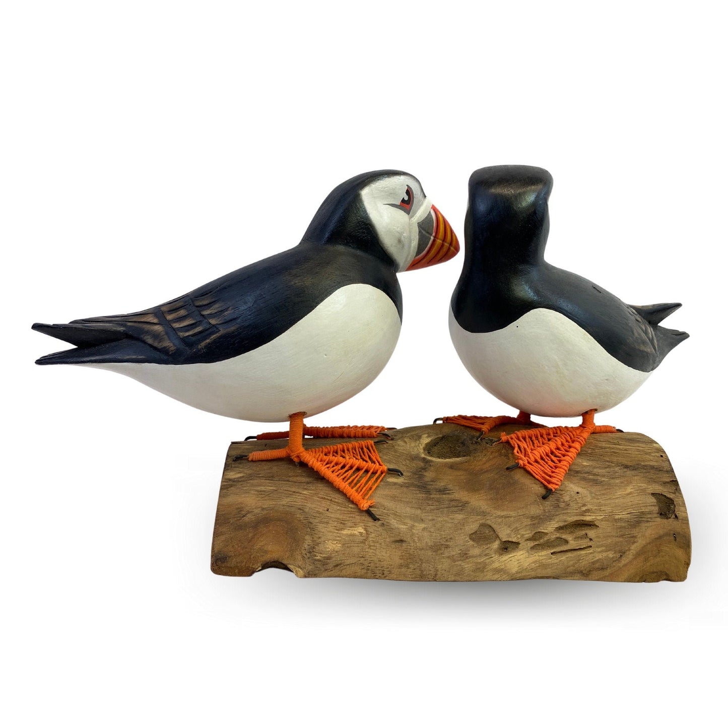 Hand Carved Twin Atlantic Puffin Sculpture: Painted Wood Carving Shore Bird Statue, Bali Art