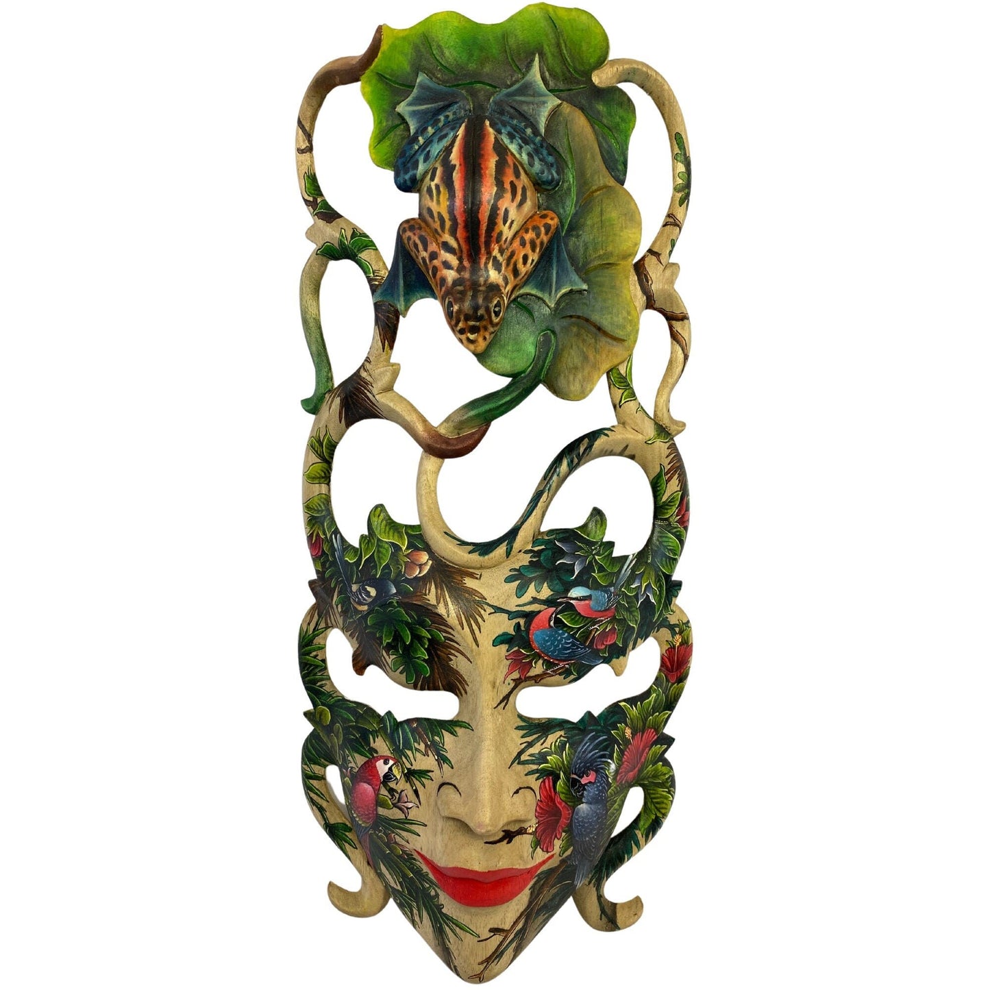 Balinese Mask Frog Toad Rainforest Goddess Dream Mask Wood Carving Indonesian Hand Carved Painted Wall Decor Art