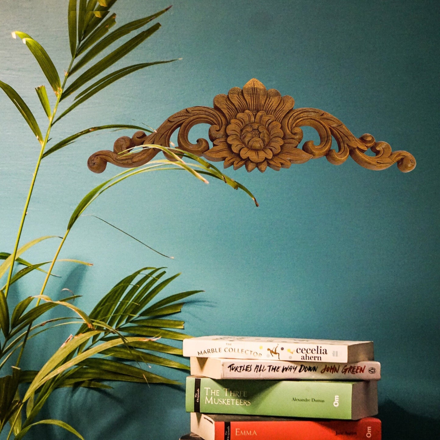 Balinese Lotus Relief architectural Panel: Hand Carved Suar Wood Wall Art