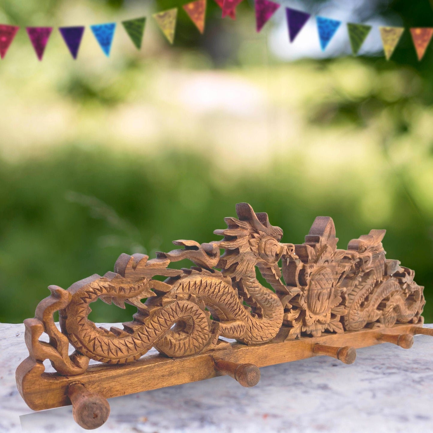 Balinese Twin Dragon Naga Lotus Coat Hook Relief Panel Hand Carved Wood Bali wall Art Asian Home Decor
