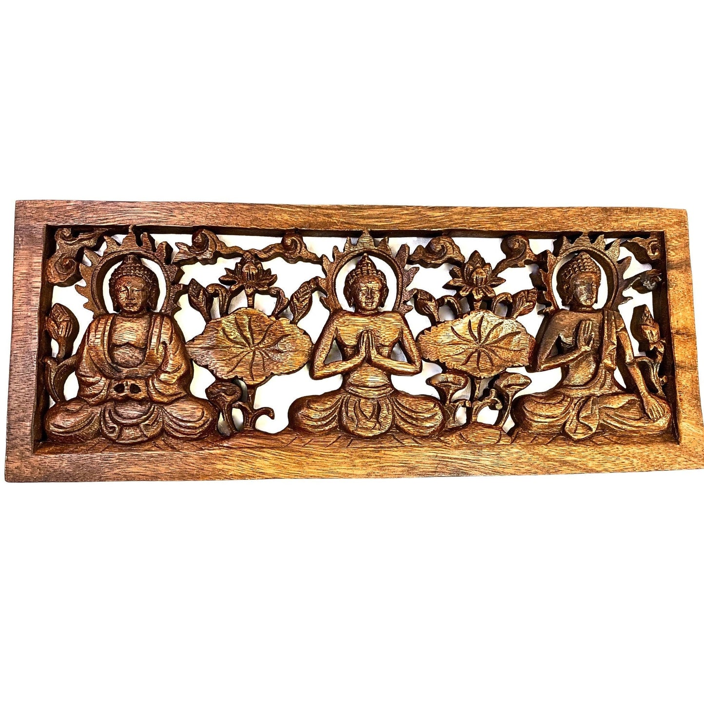 Triple Mudra Buddha Panel Hand Carved Suar Wood Bali Wall Sculpture Balinese Art