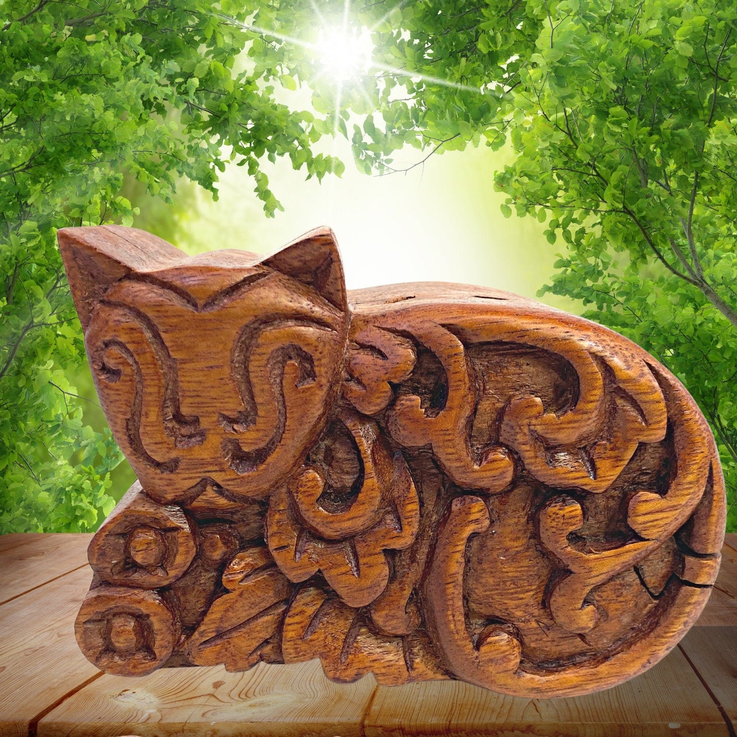 Cheshire Cat Kitty Trippy Cat Secret Puzzle Box Trinket Stash Box Hand Carved Wood jewelry gift box - Acadia World Traders