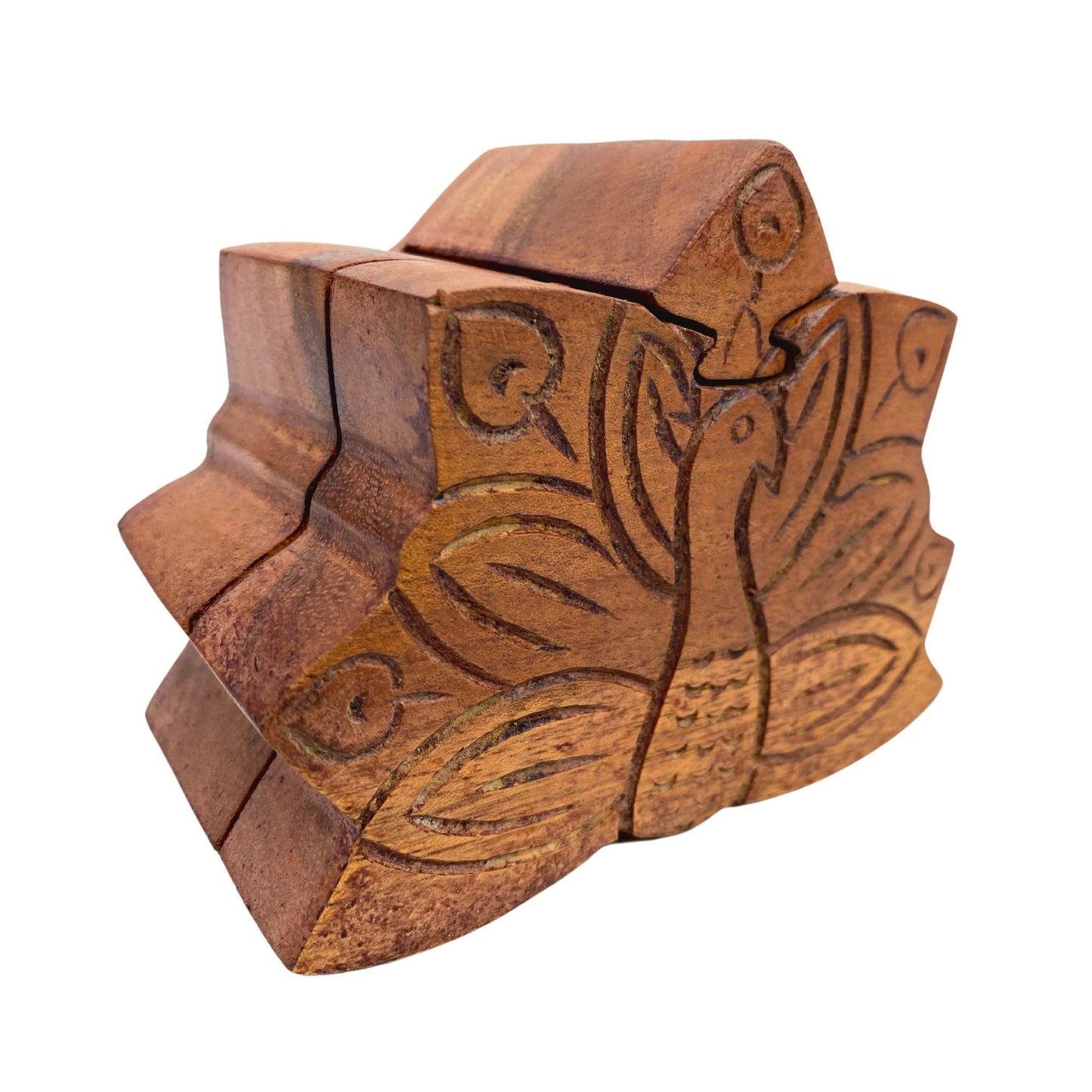 Peacock Peafowl Bird Secret Puzzle Stash Box Jewelry gift Box Hand Carved Wood Carving Bali art - Acadia World Traders