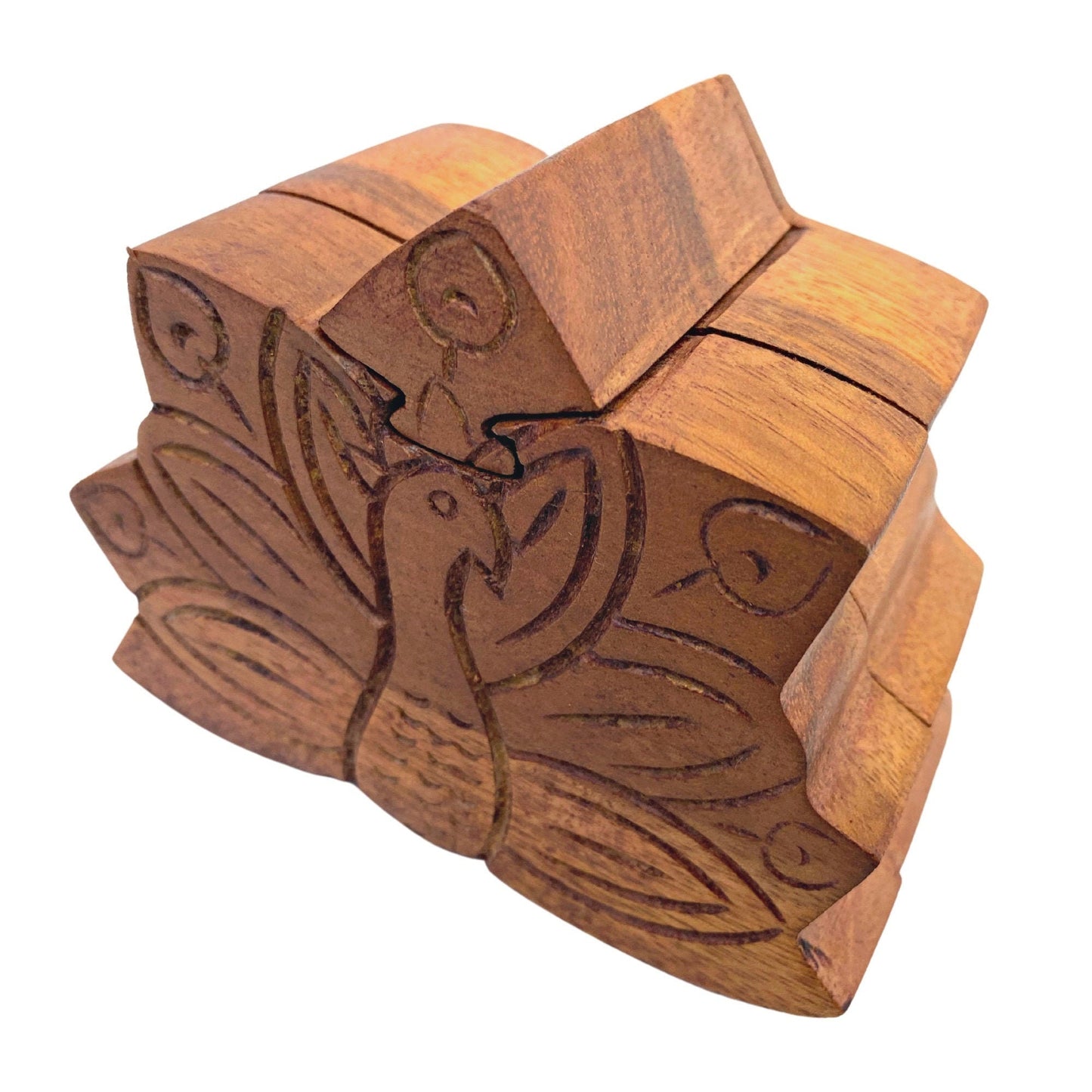 Peacock Peafowl Bird Secret Puzzle Stash Box Jewelry gift Box Hand Carved Wood Carving Bali art - Acadia World Traders