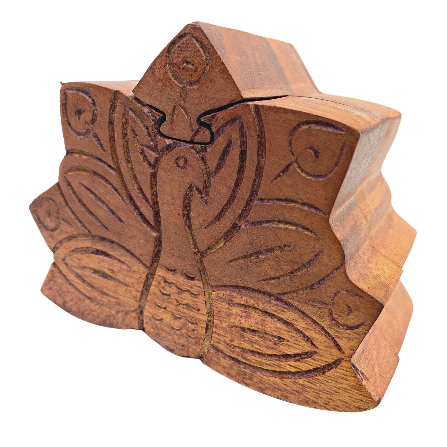 Peacock Peafowl Bird Secret Puzzle Stash Box Jewelry gift Box Hand Carved Wood Carving Bali art - Acadia World Traders