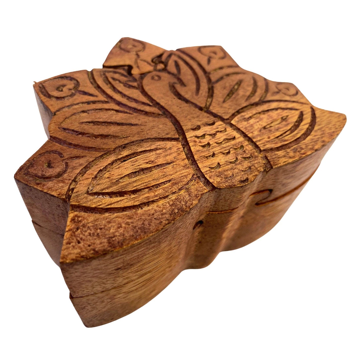 Peacock Peafowl Bird Secret Puzzle Stash Box Jewelry gift Box Hand Carved Wood Carving Bali art - Acadia World Traders