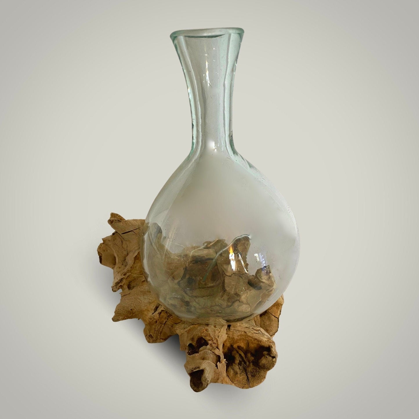 Hand Blown Recycled Molten Glass Propagation Bud Vase Carafe Slumped on Reclaimed Teak Root Wood Base Eclectic Boho Decor Balinese Art