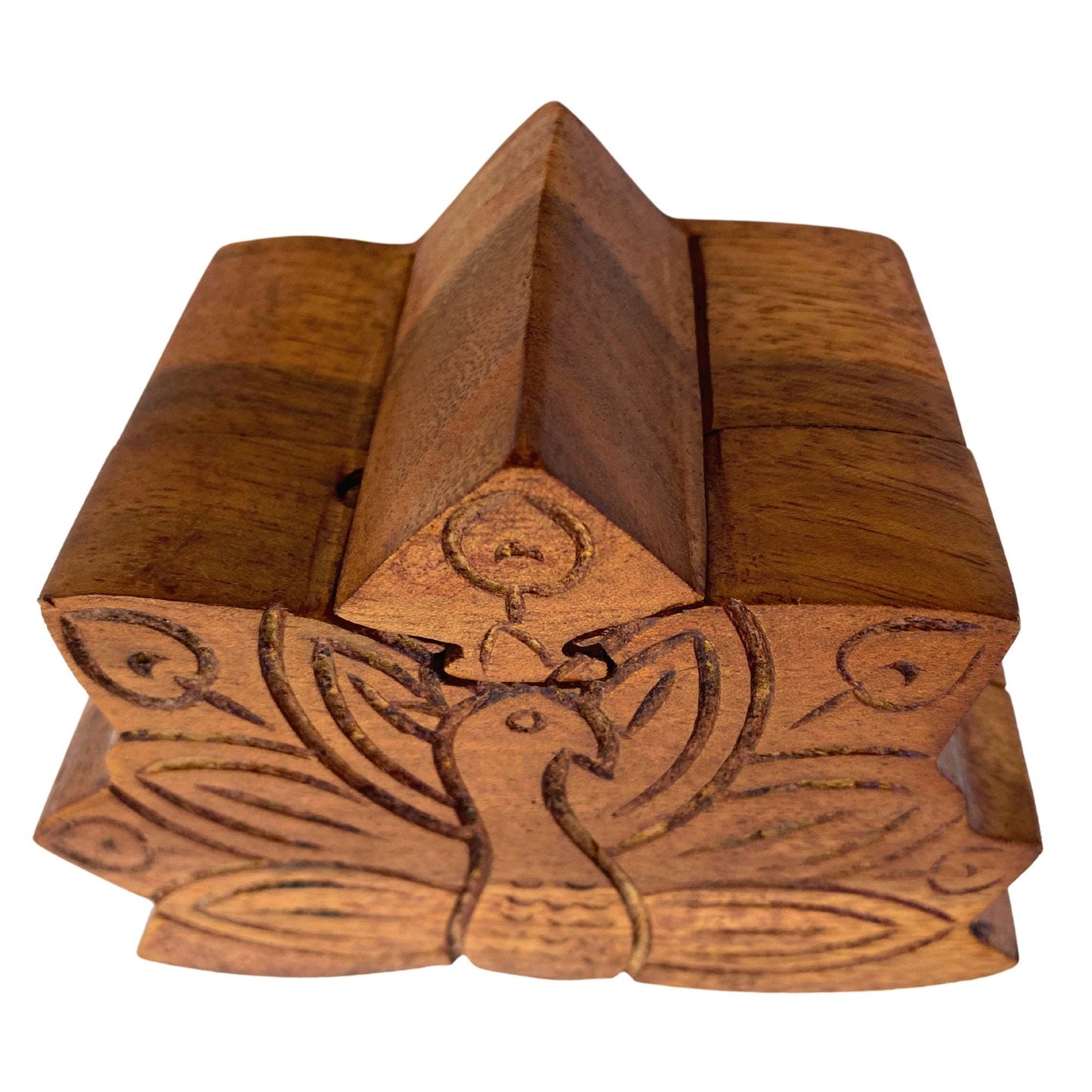 Peacock Peafowl Bird Secret Puzzle Stash Box Jewelry gift Box Hand Carved Wood Carving Bali art - Acadia World Traders