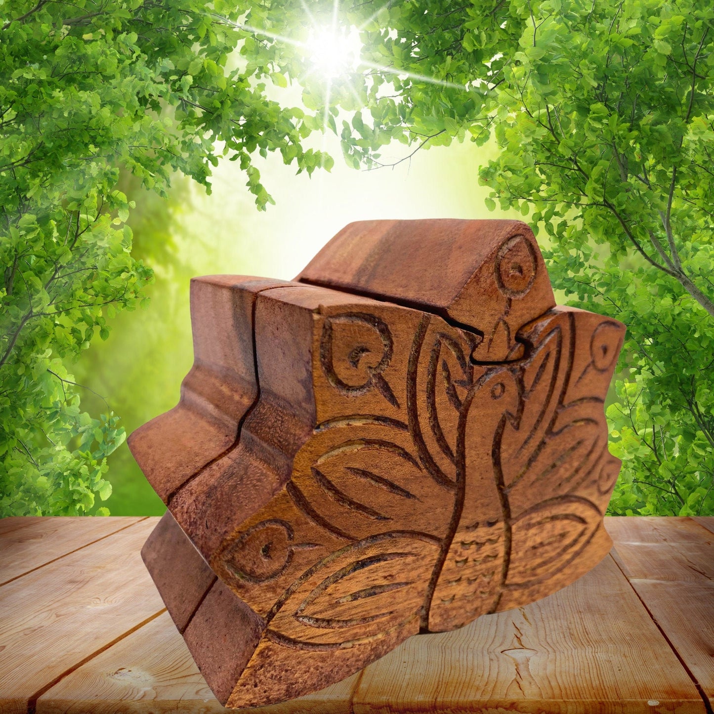 Hand Carved Peacock Puzzle Box: Suar Wood Stash Box, Bali Art
