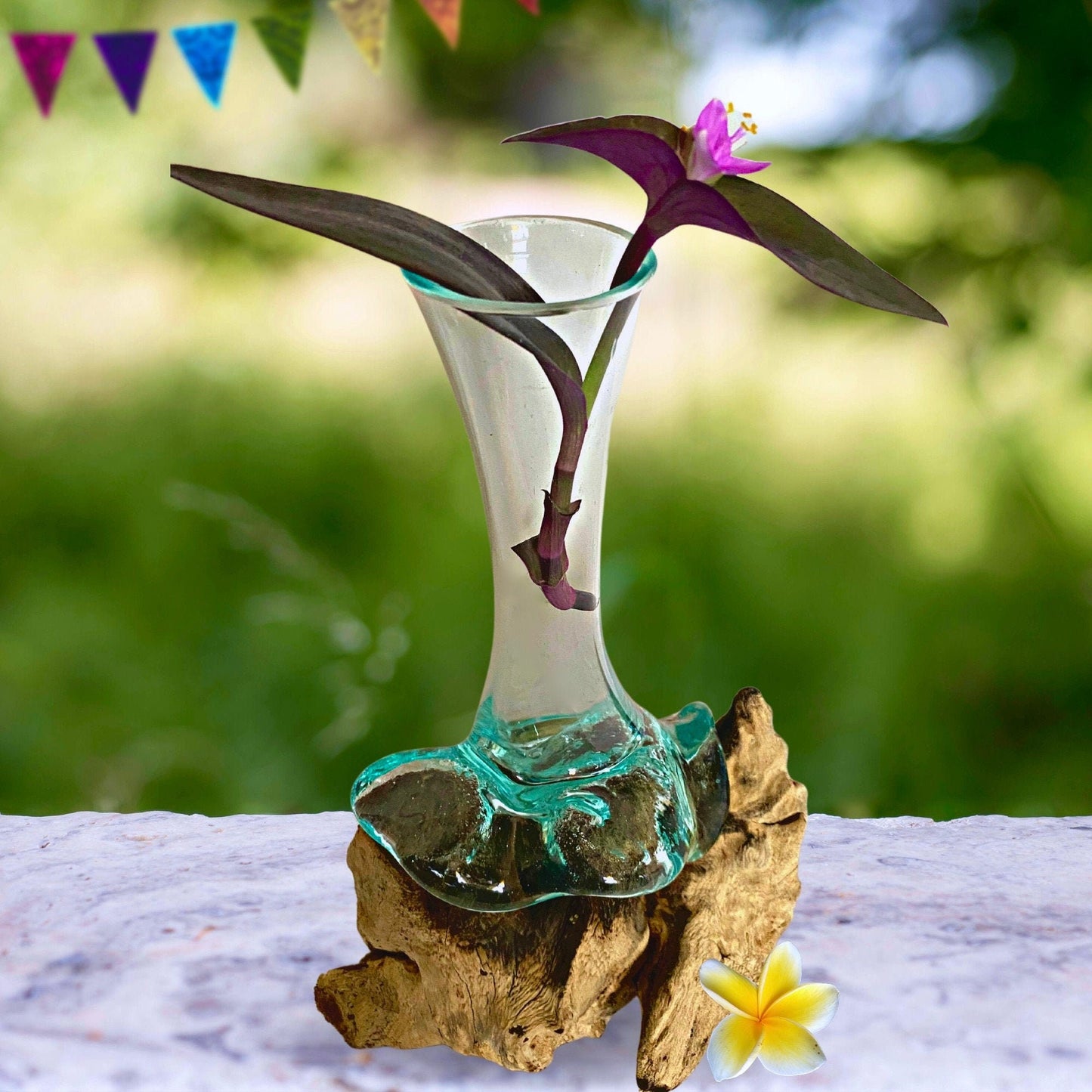 Hand Blown Glass Bud Vase: Slumped on Reclaimed Teak Wood Base, Balinese Art