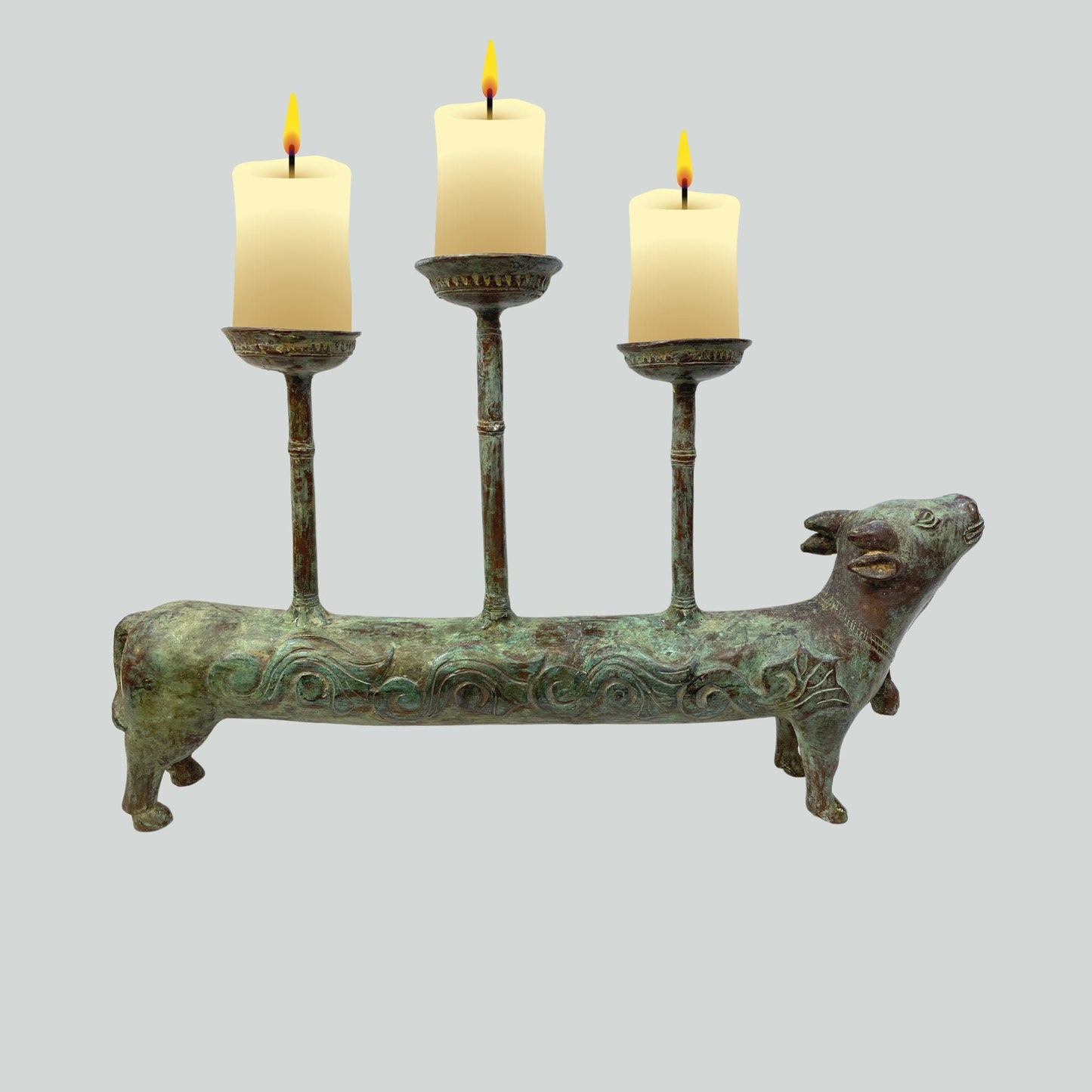 Handmade Bronze Bull Candelabra: Indonesian Folk Art Centerpiece