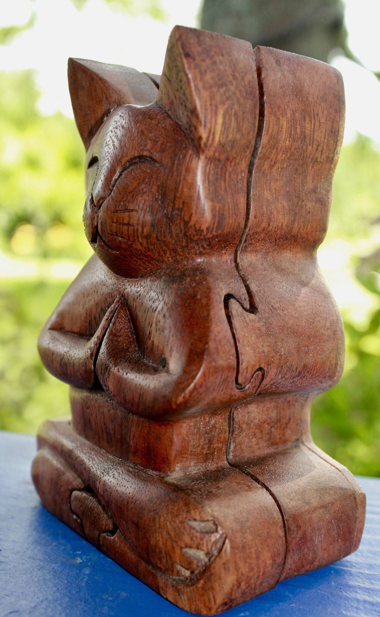 Namaste Cat Secret puzzle Box Stash Trinket carved suar wood Bali Art