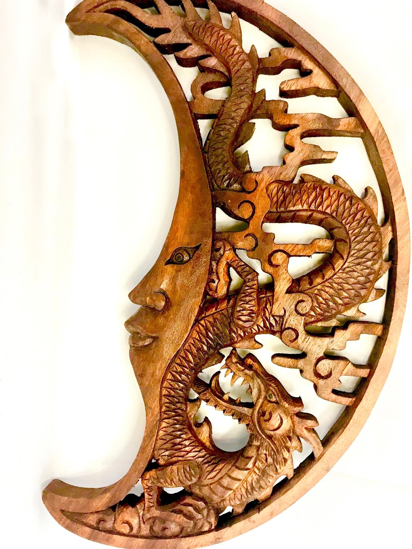 Hand Carved Dragon & Crescent Moon Wood Wall Art Panel: Balinese Wood Carving