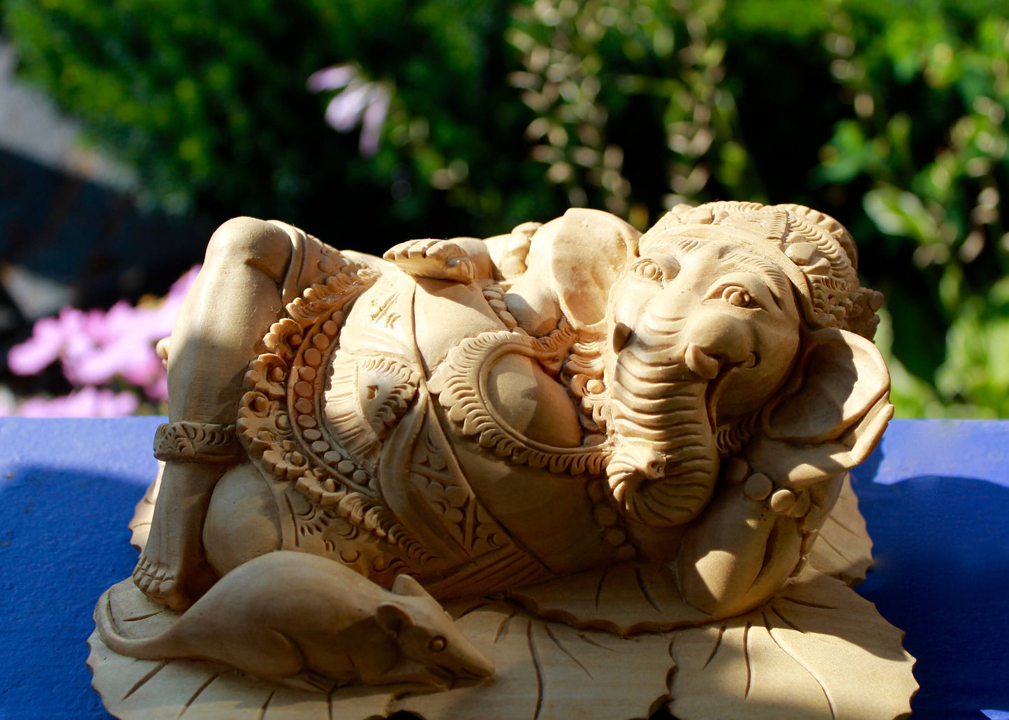 Balinese Reclining Ganesh with Vahana Mouse Wise Elephant God Wood Carving
