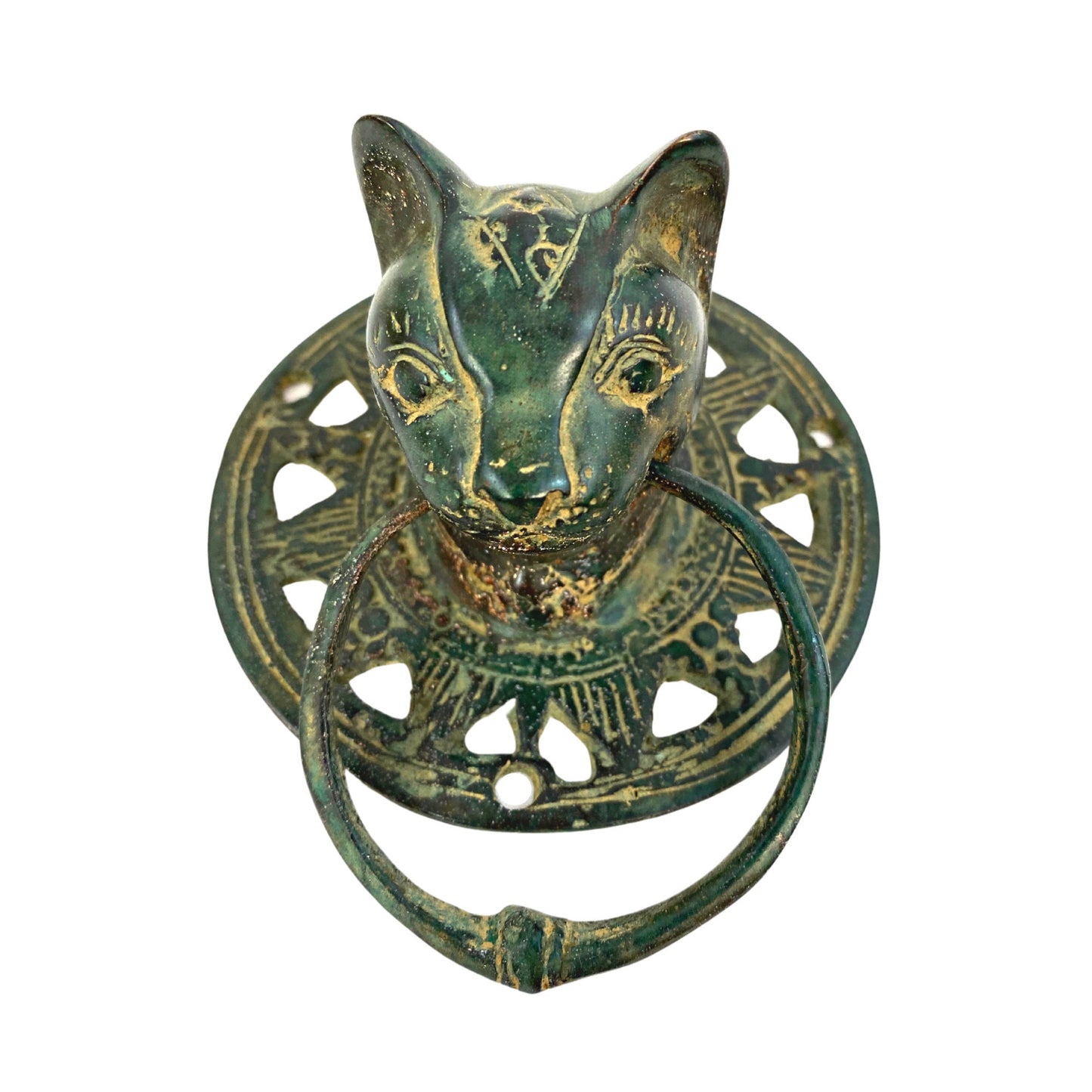 Cat Feline Door Knocker handle knob Cabinet Pull lost wax Cast Verdigris Green Bronze Metal Bali Art - Acadia World Traders